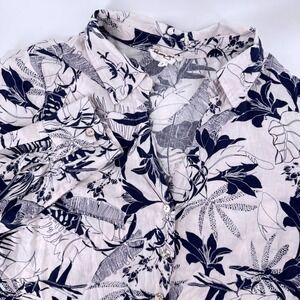 Panama Jack Women XL Navy White Tropical Floral Linen Blend Tie Front Crop Shirt